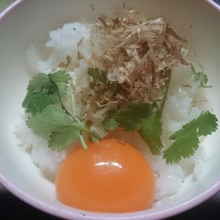 パクチー香る鰹節風味の卵かけご飯